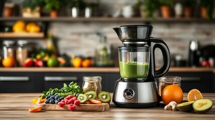 Blender with healthy smoothie and ingredients on table in kitchen.generative ai