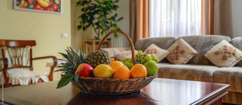 Wall mural Interior Of Living Room With Sofa And Fruit Basket On Table