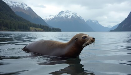 Fototapeta premium Sea otter swimming in serene mountain lake