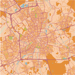 Map of Eindhoven in Netherlands in a sandy theme. Contains layered vector with roads water, parks, etc.