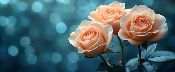 Three delicate peach roses with blue bokeh background.