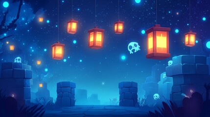 Obraz premium horror sky on halloween night with skull head decorated with flying lanterns