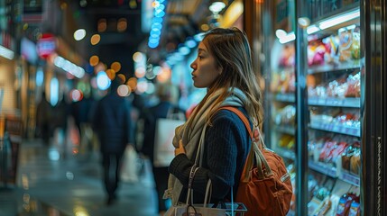 Obraz premium Smiling woman enjoying a shopping spree in a modern retail store with colorful bags
