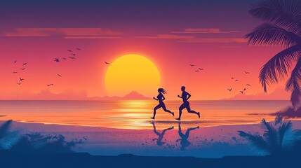 Fototapeta premium Couple running on beach at sunset.
