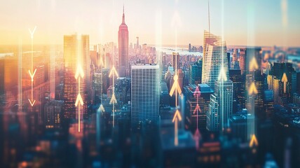 Obraz premium Blurry network interface with arrows pointing up over New York city panorama background. Concept of smart city and internet connection.generative ai