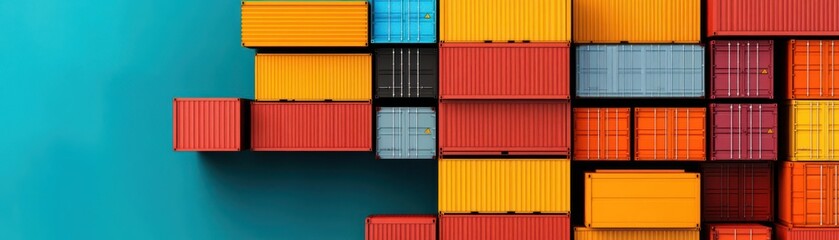 Fototapeta premium Colorful shipping containers arranged on a bright background, showcasing a vibrant logistics and transportation theme.