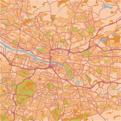 Map of Glasgow in United Kingdom in a sandy theme. Contains layered vector with roads water, parks, etc.