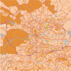 Map of Krakow in Poland in a sandy theme. Contains layered vector with roads water, parks, etc.