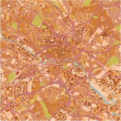 Map of Leeds in United Kingdom in a sandy theme. Contains layered vector with roads water, parks, etc.