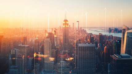 Blurry network interface with arrows pointing up over New York city panorama background. Concept of smart city and internet connection.generative ai