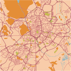 Map of Madrid in Spain in a sandy theme. Contains layered vector with roads water, parks, etc.
