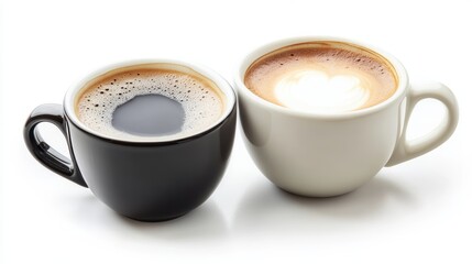 Obraz premium Two cups with black coffee and coffee with milk isolate on a white background close up.