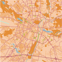 Map of Poznan in Poland in a sandy theme. Contains layered vector with roads water, parks, etc.