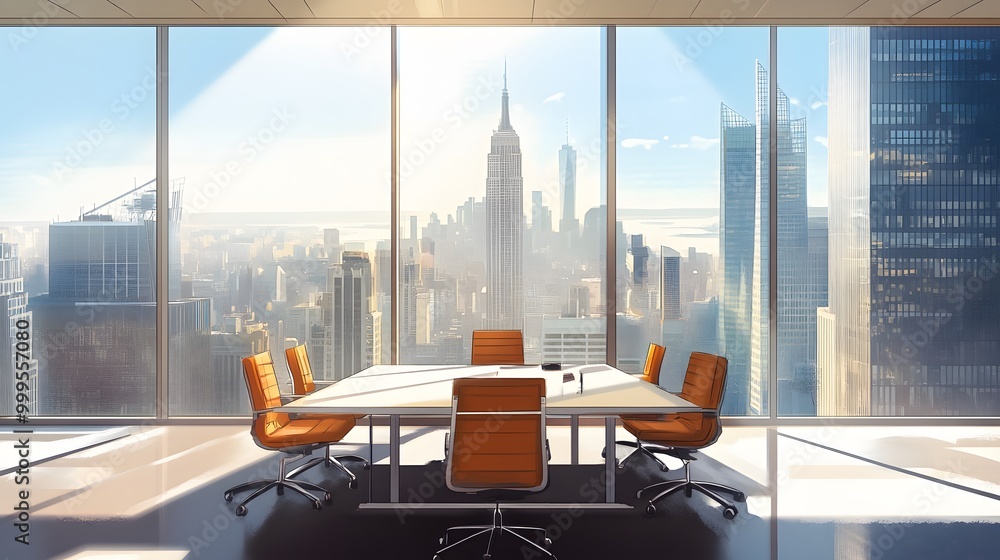 Wall mural Bright meeting room with NY view. 