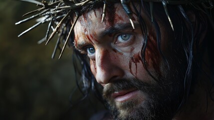 Tormented Jesus Christ with crown of thorns on his head, close up
