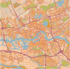 Map of Rotterdam in Netherlands in a sandy theme. Contains layered vector with roads water, parks, etc.