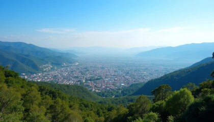 Fototapeta premium Elevated view of a bustling city nestled amidst natures embrace