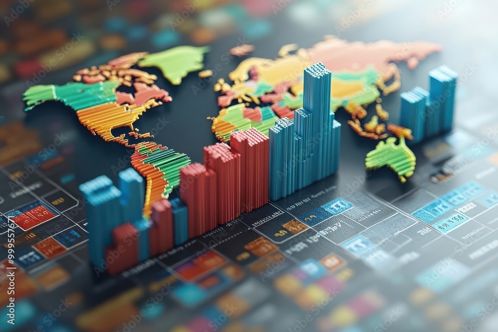Poster colorful world map with 3d bar graphs illustrating data and statistics, perfect for business and fin