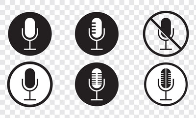 Microphone Icons set. variant microphone icon. Karaoke mic. Podcast microphone. web and mobile icons. vector illustration. Crossed out microphone (mike) icon. Symbol of voice or sound. EPS 10.