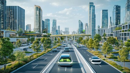 Futuristic Cityscape with Autonomous Vehicles