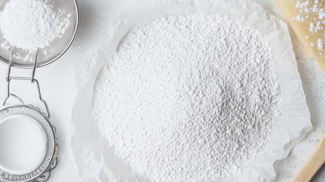 Overhead view of icing sugar on parchment paper sifted powdered sugar on a white table top view of powdered sugar