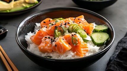 Fresh Salmon on Rice Bowl with Vegetables