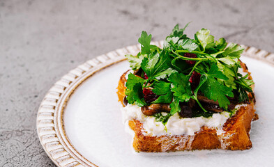 Fresh gourmet toast with herbs and vegetables