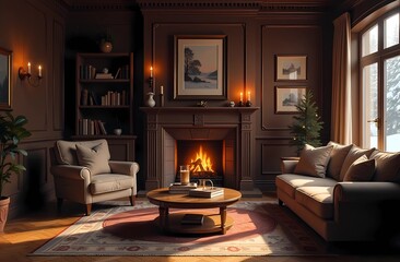 Cozy living room winter interior with fireplace