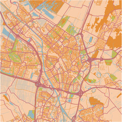Map of Utrecht in Netherlands in a sandy theme. Contains layered vector with roads water, parks, etc.