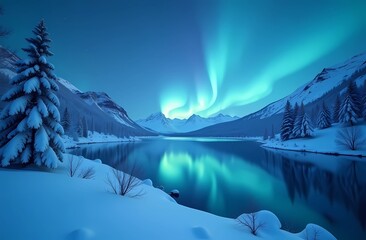 Winter landscape covered in snow, northern lights in the sky reflecting on the lake, icy blue colors,