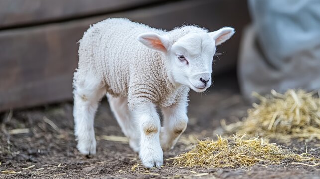 A little white lamb walks and eats on the farm