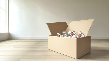 Cardboard box filled with medical products including syringes and pills in an empty room symbolizing home healthcare delivery service