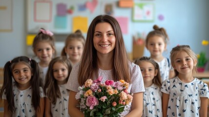 Fototapeta premium Happy school time. Portrait of first grade students with their female class teacher on first day of school.