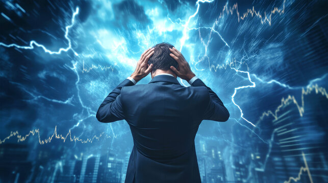 A distressed businessman in formal attire grips his head tightly, overwhelmed by the chaos of stock market graphs and a dramatic lightning storm overhead - Powered by Adobe