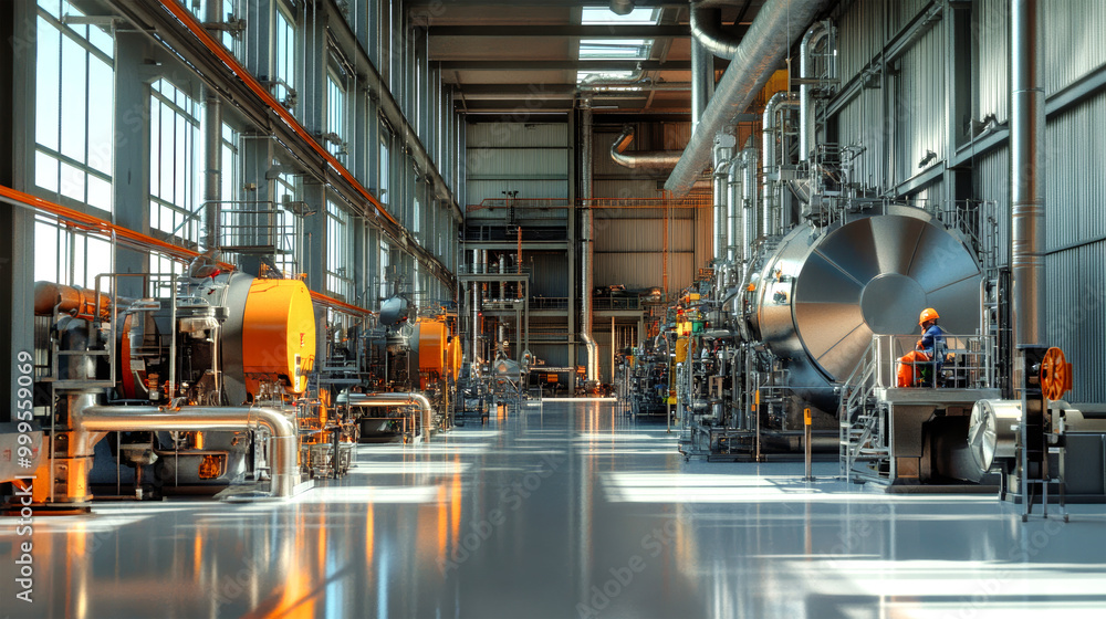 Poster workers in hard hats navigate a sleek industrial factory filled with intricate machinery and complex