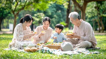 An Asian family enjoys a lovely picnic in a picturesque park, sharing laughter and delicious food surrounded by lush greenery and tranquility
