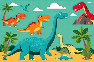 Creative Flat Vector Illustration of Playful Prehistoric Dinosaurs