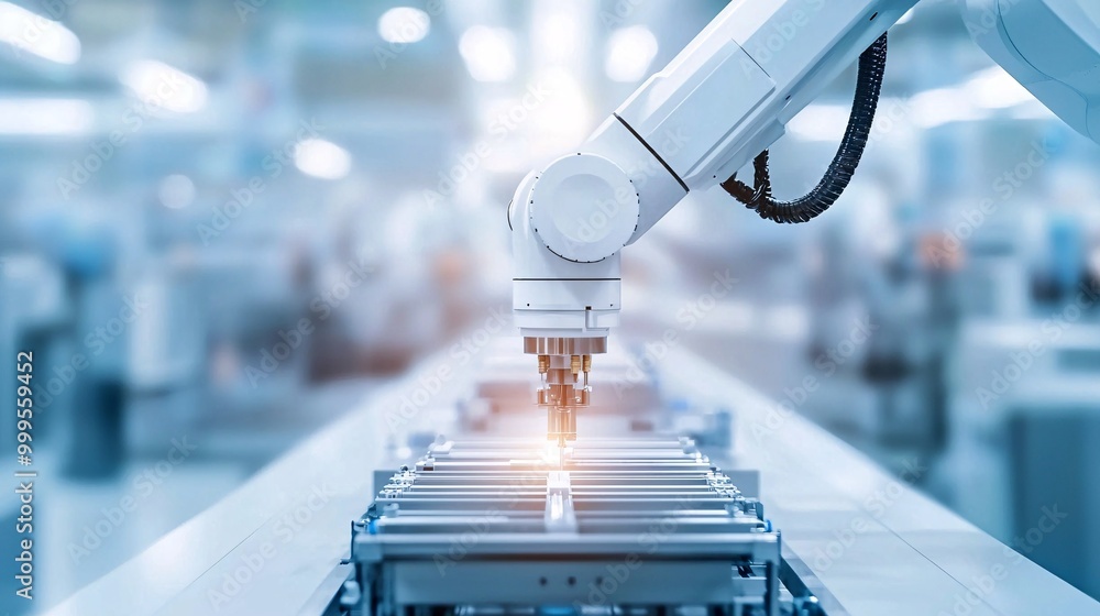 Poster a high-tech factory with automated machines producing precision parts, high-tech factory, automated 