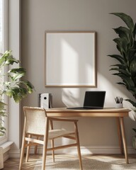 Contemporary Home office with Modern Poster Frame in Nordic Style Interior. 3D Illustration