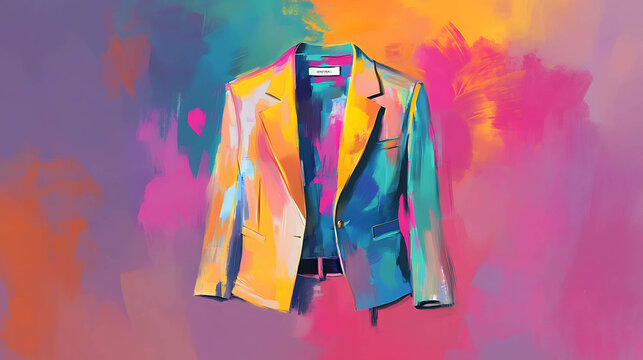 A brightly colored blazer in a vibrant abstract background.