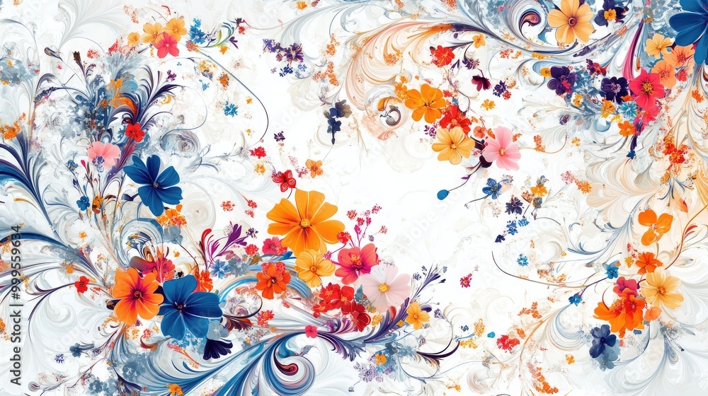 Poster beautiful swirling trails of colorful flowers form an intricate abstract pattern on a white backgrou