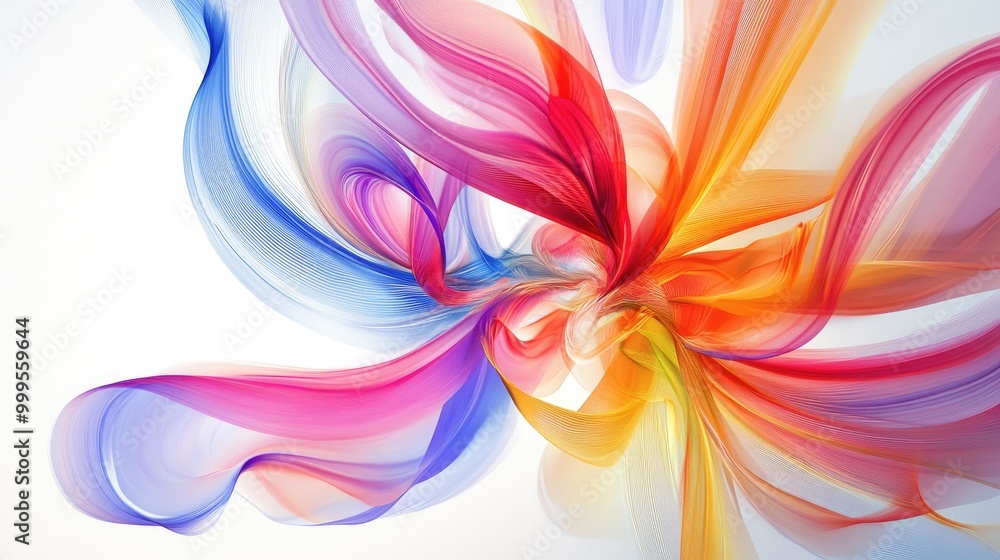 Poster beautiful colorful flowers swirl in dynamic trails, creating a captivating abstract pattern on a whi