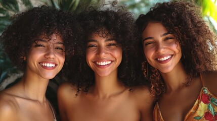Fototapeta premium Three women with curly hair smile. Perfect for promoting diversity or a beauty product.