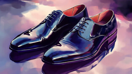 A pair of black dress shoes with a glossy finish.