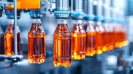 Bottles moving through a beverage filling machine in a bottling plant, beverage production line, food processing