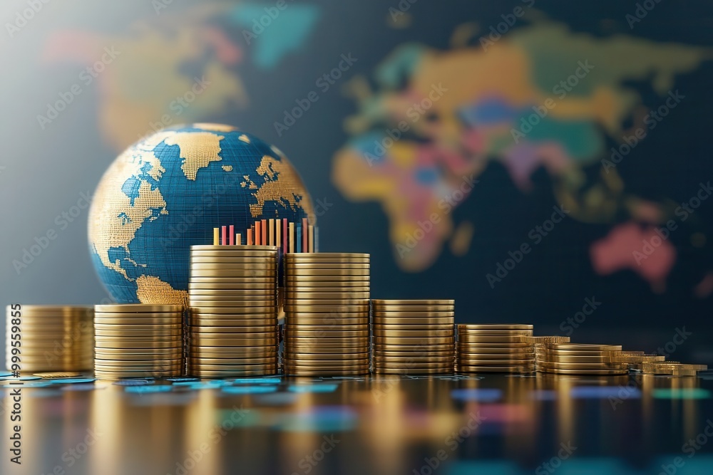 Aufkleber conceptual image of global finance featuring a globe and stacks of coins, symbolizing wealth and inv