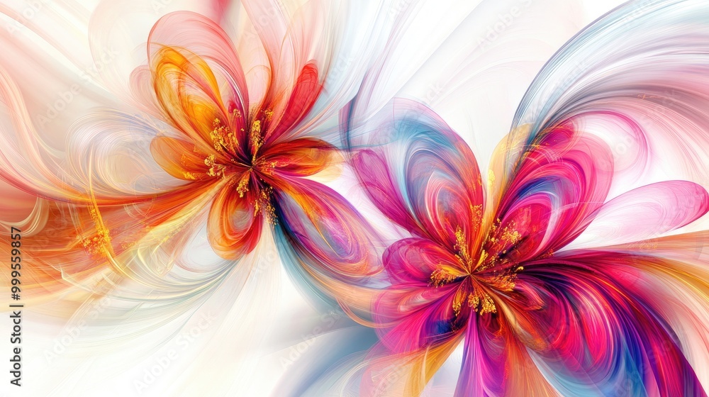 Poster mesmerizing colorful flowers swirl in intricate trails, creating a stunning abstract design on a whi