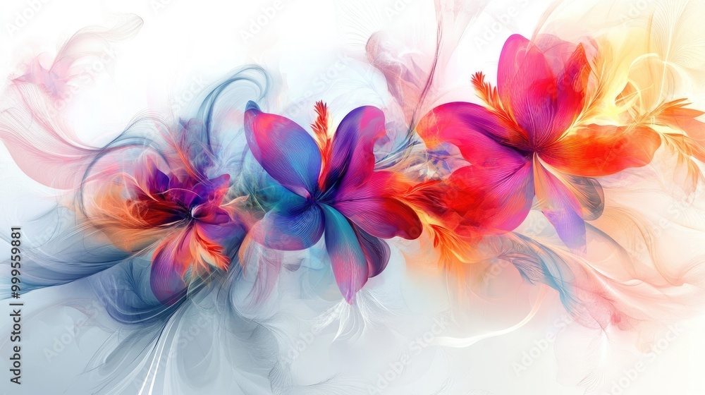 Poster mesmerizing colorful flowers swirl in intricate trails, creating a stunning abstract design on a whi