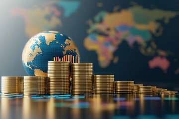 Conceptual image of global finance featuring a globe and stacks of coins, symbolizing wealth and investment opportunities.