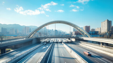 Obraz premium Modern arched steel bridge with concrete wall and pedestrian access overlooking a busy highway under clear blue sky in a vibrant urban landscape